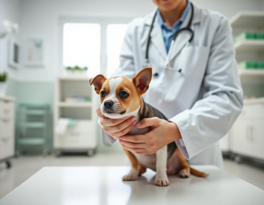 Veterinária examinando um cachorro pequeno